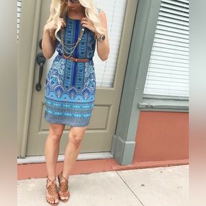Blue and green print dress